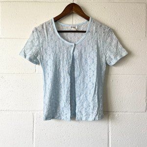 Vintage Fuego Light Blue Floral Netted Short Sleeve Cover Up Top Women's Large